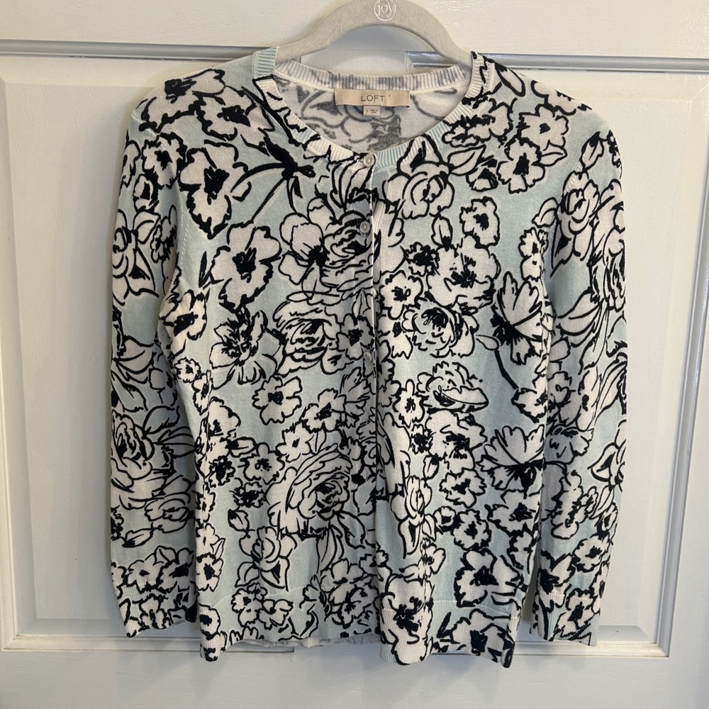 LOFT Black and Light Blue Floral Cardigan Sweater